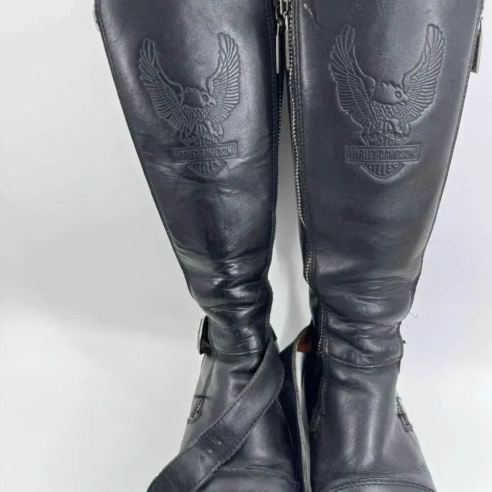 Vintage Harley-Davidson Tall Boots Women 6 Black Riding Eagle Logo Leather - Picture 5 of 16